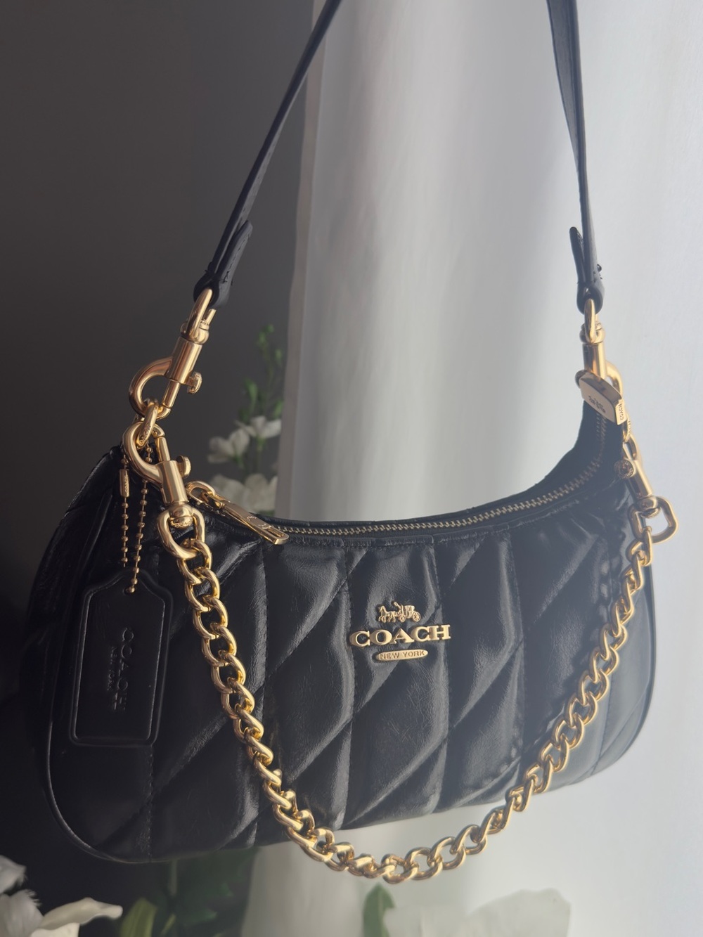 Coach Black Quilted Teri Shoulder Bag with Gold Hardware and Chain NWOT